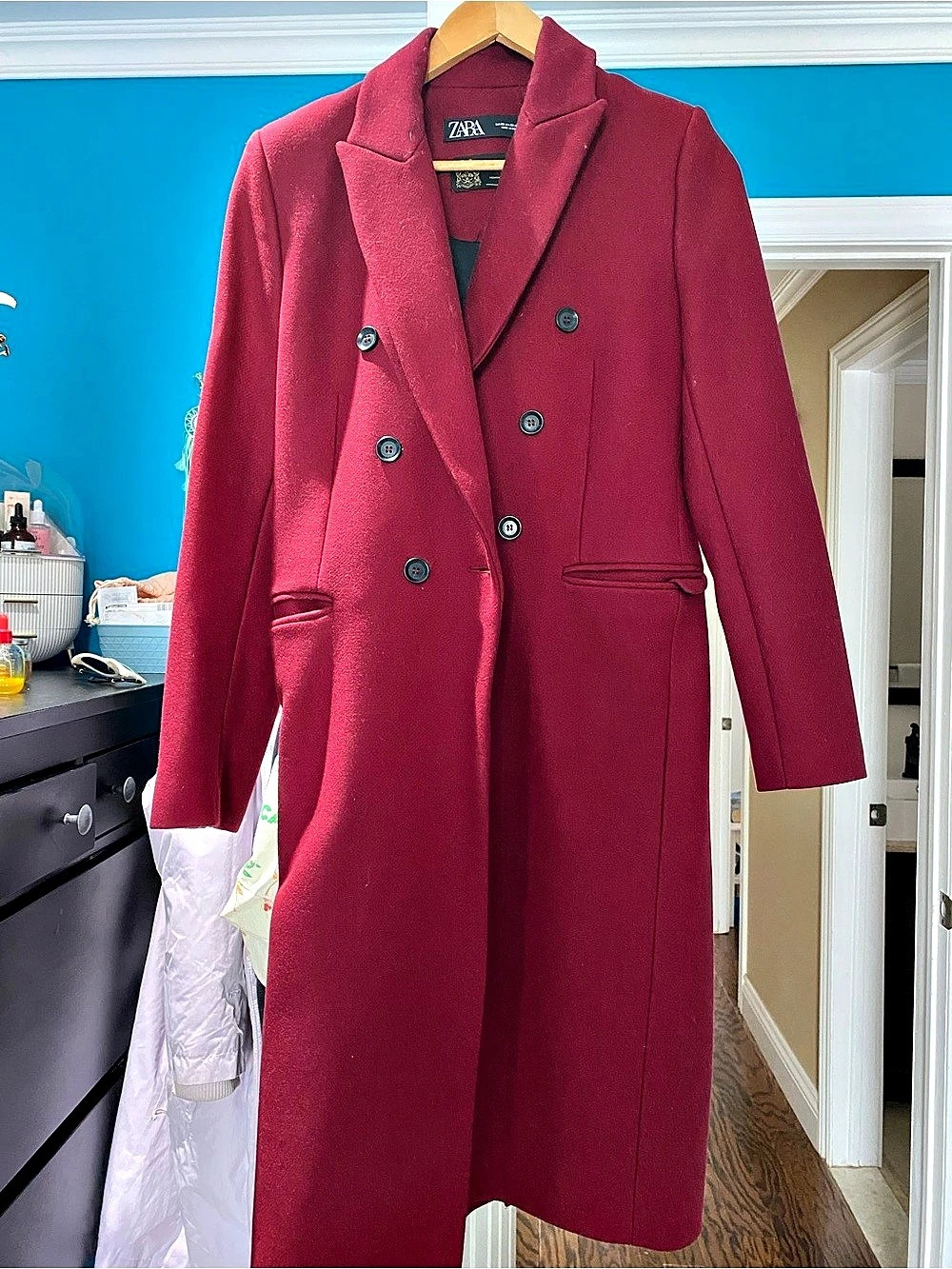 Zara Double-Breasted Long Coat in Red Like New